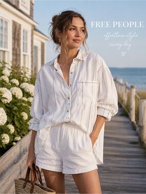 $128 Free People Oversized Stripe Button Down Shirt  Coastal Chic Size M NWOT